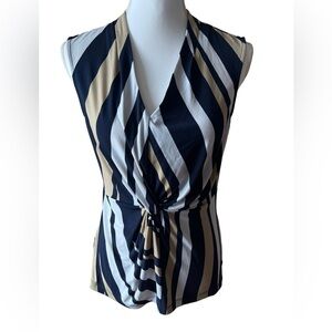 DKNY‎ Navy Tan White Striped Sleeveless Wrap Blouse Top